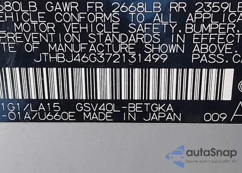 2007 Lexus Es 350 z USA, uszkodzony, nr VIN JTHBJ46G372131499
